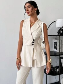 SHEIN Privé Conjunto de chaleco blazer sin mangas con detalles de botones en el cuello y dobladillo dividido, y pantalones de pierna ancha, diseño elegante para mujer