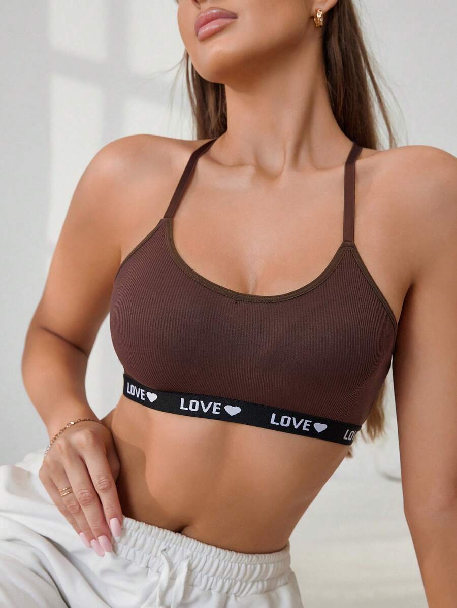 女士纯色简约风格图案背面字母条纹舒适文胸 - 咖啡棕 - 查看 1