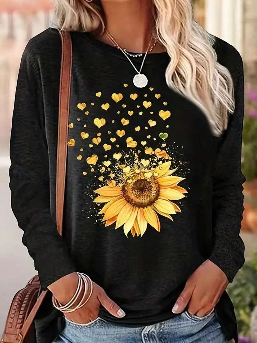 INAWLY Women's Sunflower Print Round Neck Long Sleeve Blouse Graphic Tees Women Tops For Spring Outfit Fall Cloth For Women