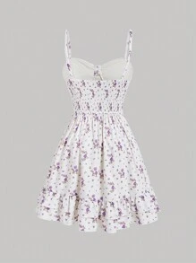 SHEIN MOD 加大码杏色花卉印花蝴蝶结装饰腰部喇叭 A 字夏季吊带背心连衣裙 - 中紫紅色 - 查看 2