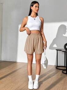 SHEIN MOOSTA Quần short viền eo diềm màu trơn thông thường dành cho nữ - Màu Khaki - Xem 3