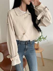 DAZY Solid Color Long Sleeve Front Button Casual Trench Coat,Fall Clothes Women Jacket - Apricot - View 7