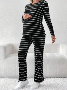 SHEIN 2pcs Maternity Striped Round Neck Long Sleeve Casual T-Shirt And Adjustable Waist Pants Set, Spring Summer - Black and White - View 5