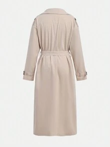 SHEIN 少女卡其色翻领风衣肩部袖口长款双排扣休闲风衣 - 卡其色 - 查看 2