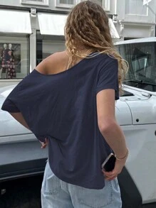 INAWLY Women's Asymmetric Neck Bare Shoulder Digit Print Loose Casual T-Shirt - Navy Blue - View 2