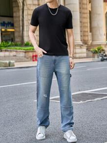 Manfinity Homme Men's Button Waistband Straight Leg Distressed Design Fashion Jeans - Blue - View 3