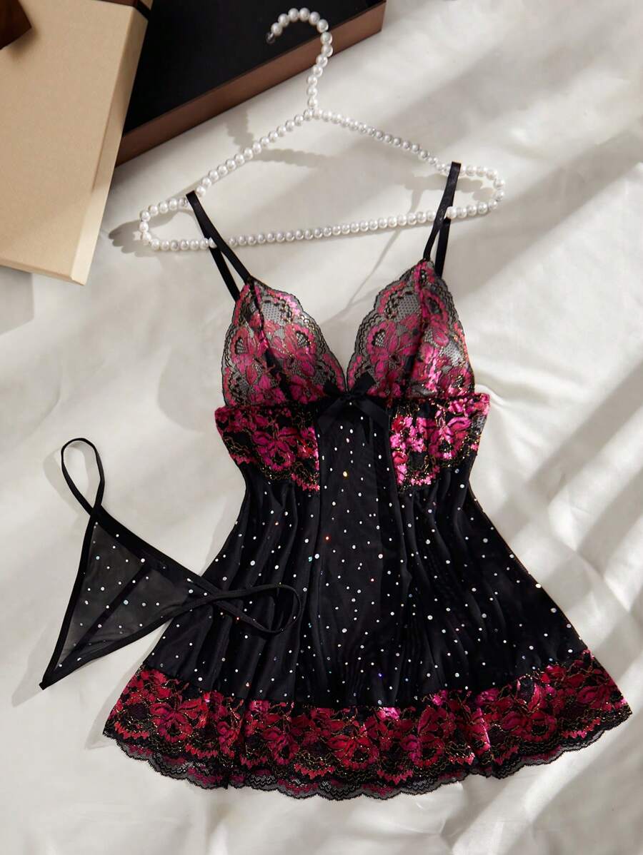 SHEIN 2件套性感夜店女士蕾丝拼布吊带连衣裙套装，适合外出穿着 - 酒紅色 - 查看 1
