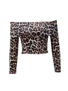 INAWLY 1 件女士露肩豹纹 T 恤