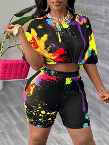 Slaydiva 2pcs Women's Casual Loose Vacation Gradient Print Short Sleeve T-Shirt And Floral Shorts Set
