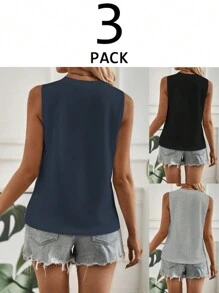 SHEIN LUNE Top casual a costine senza maniche con scollo a girocollo in colore unito, estivo - Multicolore - Visualizzare 2