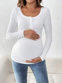 SHEIN Umstands-T-Shirt Einfarbig mit Rundhalsausschnitt, Knopfleiste vorne und langen Ärmeln - Weiss - Übersicht 7