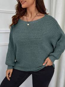 SHEIN LUNE Suéter elegante versátil de cuello barco sólido de manga de murciélago para mujer de talla grande, otoño/invierno