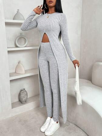 Zolique 2pcs/Set Fleece Ribbed Maxi Split Hem T-Shirt And Pants,Winter,Winter Clothes,Sweater Sets,Long Sleeve,Fit,Fleece Craters,Hiking Outfit,Winter Tops,Winter Leggings,Women Set,Elegant Lady,Fall Tops,Winter Clothes,Keep Warm,Long Sleeve
