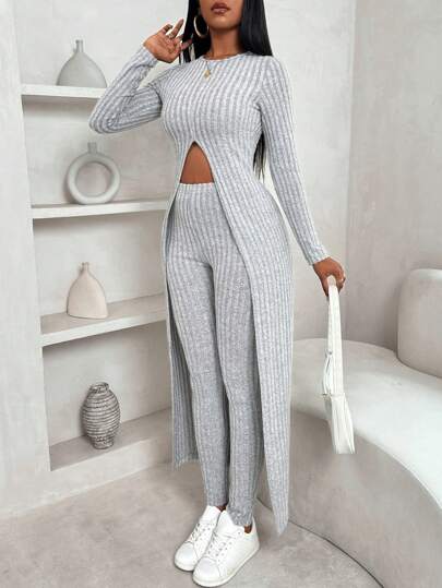 Zolique 2pcs/Set Fleece Ribbed Maxi Split Hem T-Shirt And Pants,Winter,Winter Clothes,Sweater Sets,Long Sleeve,Fit,Fleece Craters,Hiking Outfit,Winter Tops,Winter Leggings,Women Set,Elegant Lady,Fall Tops,Winter Clothes,Keep Warm,Long Sleeve