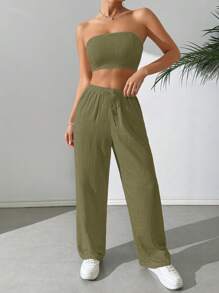 SHEIN EZwear Women's Summer Casual Solid Color Cropped Tube Top Trousers Suit