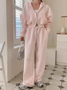 DAZY 女士纯色连帽衫和裤子两件套，粉色，秋冬季，女士秋季家居服套装 - 粉色 - 查看 5
