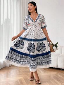 SHEIN Clasi Plus Size Women's Positioning Print Long Dress - Blue and White - View 3