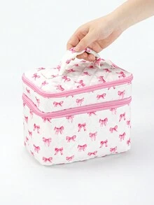 Marina Oliveira Artist Pink Bow Pattern Fashionable Cute Double Layers Cosmetic Bag For Storage, Square-Shaped Makeup Bags - Multicolor - View 5