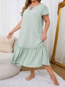 Plus Size Casual Comfortable Ruffle Hem Solid Dress - Green - View 4