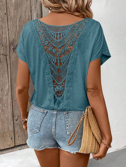 Breezaya Round Neck Lace Patchwork Summer Short Sleeve T-Shirt