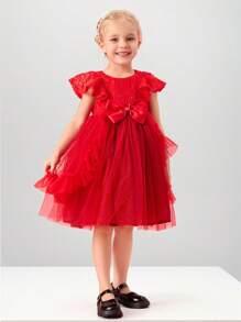 SHEIN Girls' Elegant Versailles Red Rose Tutu Dress For Birthday Party, Holiday, Flower Girl - Burgundy - View 1