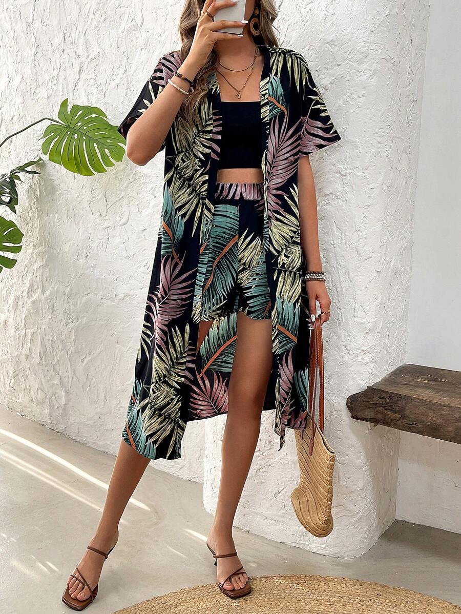 Breezaya Conjunto de 2 peças estampado estilo havaiano para mulheres para o verão - Preto - Visão 1