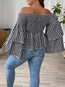 Calvaya Plus Size Off-Shoulder Gingham Ruffled Casual Blouse, Vacation - Black and White - View 2