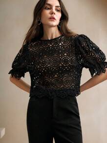 Anewsta Women Black Lace Gathered Waist Lantern Sleeve Top