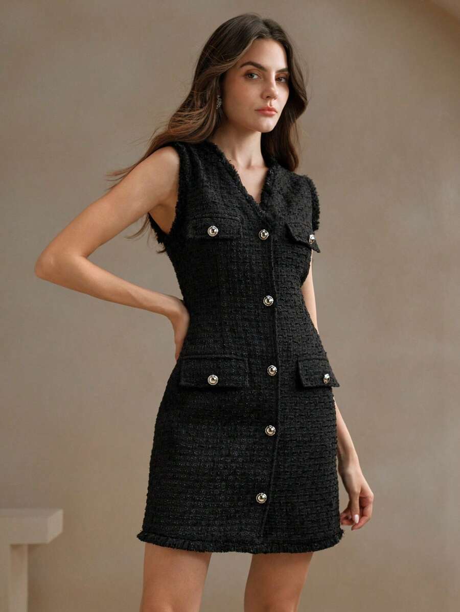 Anewsta 女士优雅别致通勤风格缀饰修身黑色粗花呢连衣裙