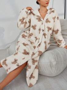 Plush Bear Print Open Front Pockets & Ear Hoodie Long Bath Robe For Women, For Fall Winter
