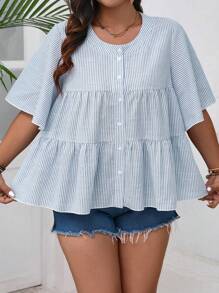 SHEIN VCAY Áo sơ mi tay ngắn cổ tròn kẻ sọc rộng rãi cho bé gái mùa hè cỡ lớn dành cho nữ - Màu xanh hải quân - Xem 3