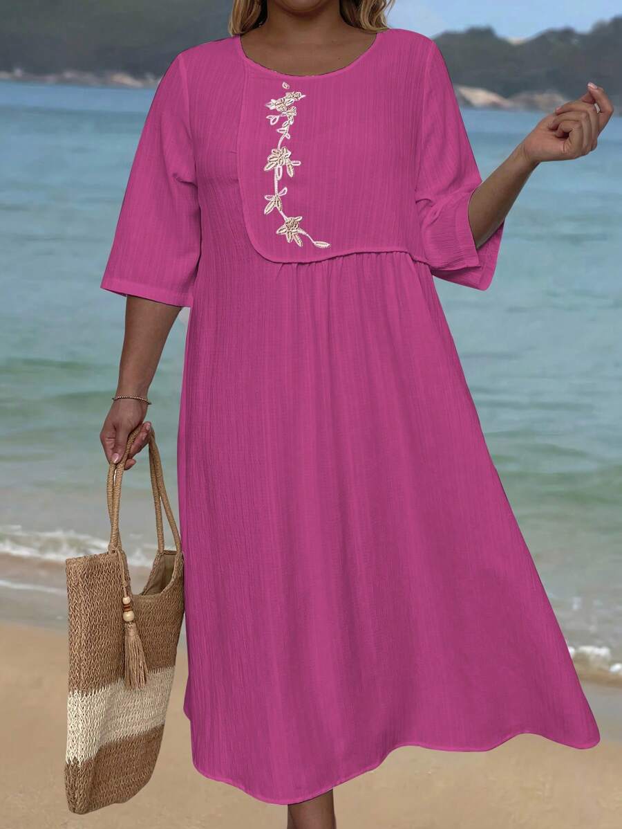 EMERY ROSE Plus Size Women Fashionable And Elegant Loose Fit Printed Round Neck Dress - Hot Pink - View 1