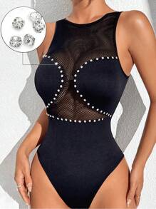 Gameset SHEIN Sport Rhinestoned Seamless Mesh Jumpsuit For Daily Wear - Black - View 1