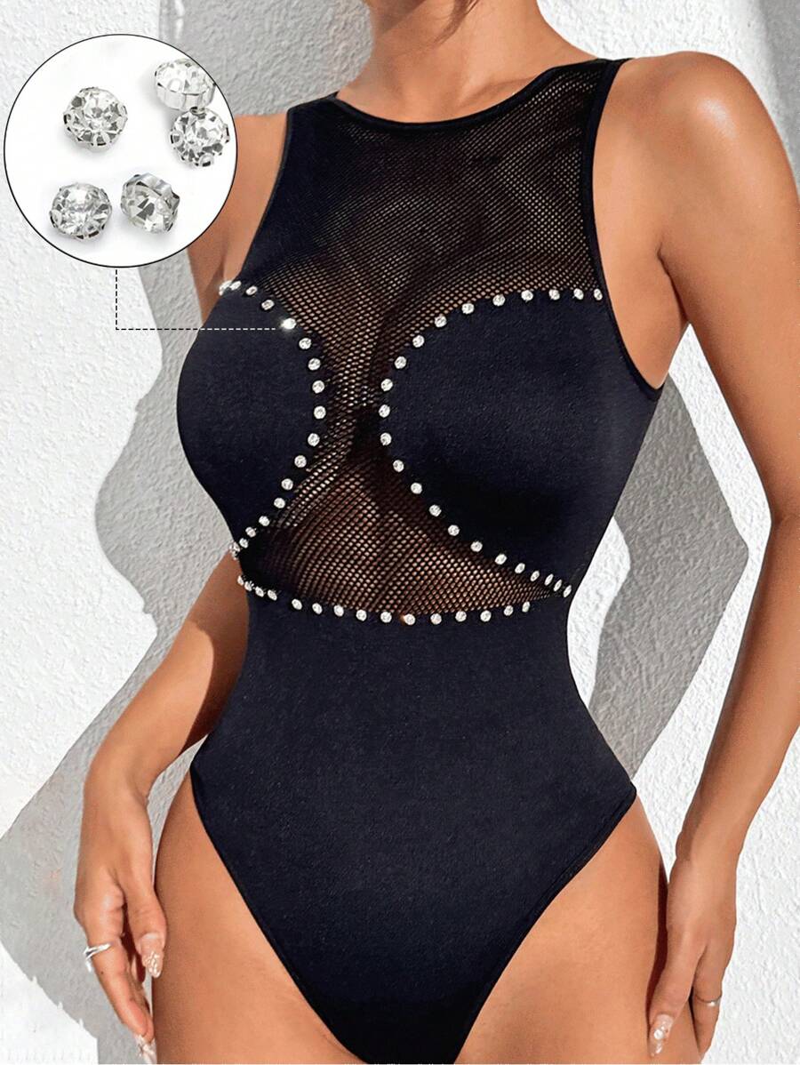 Gameset SHEIN Sport Rhinestoned Seamless Mesh Jumpsuit For Daily Wear - Black - View 1