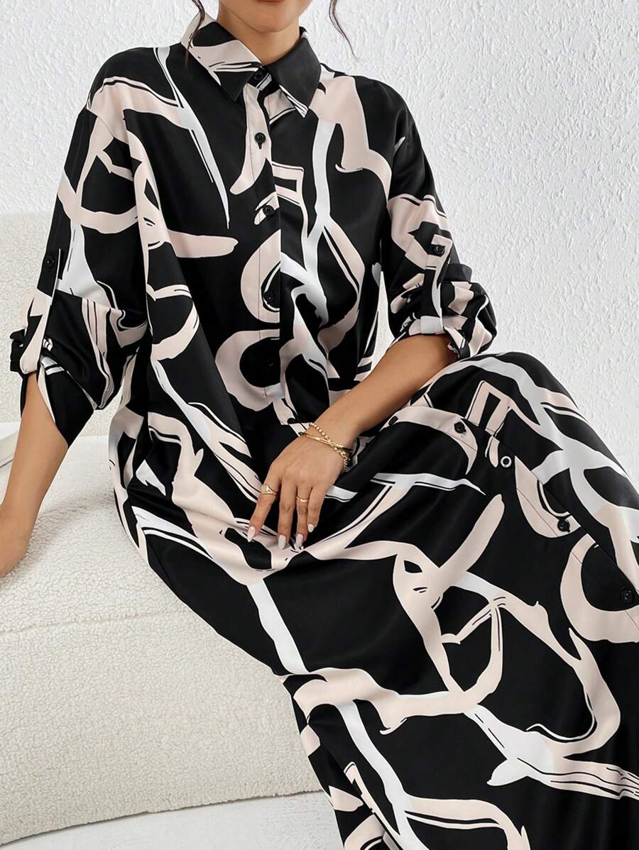 Mulvari 女士 V 领前扣长袖花卉印花喇叭下摆优雅连衣裙，朴素连衣裙，非常适合海滩/休闲/度假/家居服/返校 - 彩色 - 查看 1