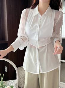 DAZY Áo sơ mi tay dài cài nút rộng rãi thanh lịch quyến rũ cho nữ - trắng - Xem 6