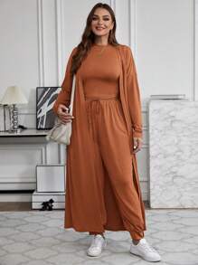 SHEIN LUNE 3 pièces/set Top ajusté pour femme grande taille, veste longue ample et pantalon casual à cordon de serrage - Acajou - Voir 4
