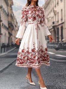 SHEIN Clasi Casual V-Neck Waist Tie Floral Print Dress