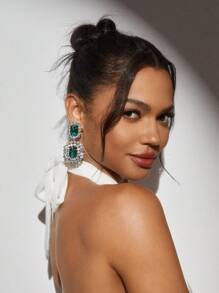 SHEIN SXY 1 Pair Glitzy Geometric Claw Chain Dangle Earrings For Daily Wear - Dark Green - View 6