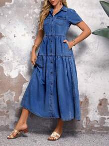 SHEIN LUNE Váy denim ngắn tay đơn giản màu trơn cho nữ - Rửa tối - Xem 4