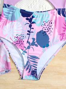 Tween Girls 2 件套：热带印花镂空连体泳衣和短袖打结罩衫 - 彩色 - 查看 4