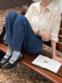 DAZY 女士商务休闲纹理宽松透明衬衫，校服长袖上衣