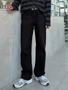 DAZY Men's Solid Color Pocket Simple Casual Denim Jeans, Autumn - Black - View 8