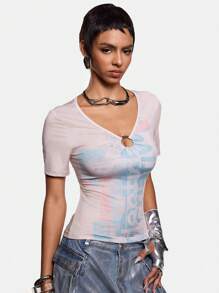 VRSO Artist Casual Print Distressed Crop Fitted Women Top Y2K Style,For Summer, Holiday, Going Out, Festival, Western Wear