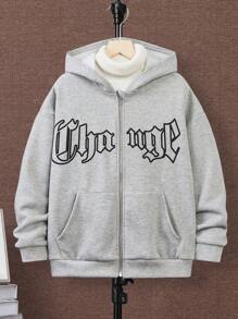 SHEIN Tween Boys Loose Casual Comfortable Letter Printed Hooded Sweatshirt Sweatshirt