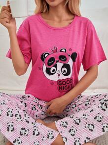 RueChic Ensemble pyjama femme avec t-shirt à manches courtes imprimé lettres et panda de dessin animé, et pantalon