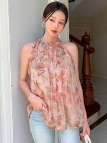 DAZY Women Floral Print Collared Tie Neck Sleeveless Blouse For Summer Going Out Tops - Pink - View 3