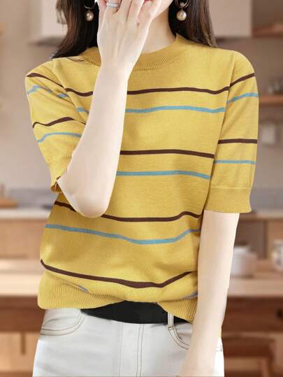 EMERY ROSE 女性時尚條紋針織短袖上衣