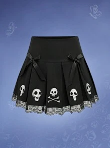 Corpse Bride | ROMWE 可爱学院风骷髅刺绣蝴蝶结装饰蕾丝边短款百褶裙女式，学校 - 黑色 - 查看 1
