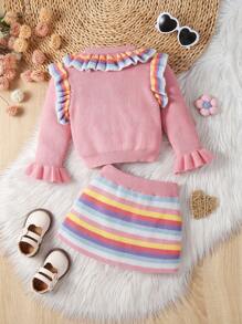 Baby Girls Sweater & Skirt 2-Piece Set - Long Sleeve Pink Sweater & Rainbow Striped Knit Skirt, Elegant & Cozy Outfit For Autumn/Winter - Multicolor - View 2